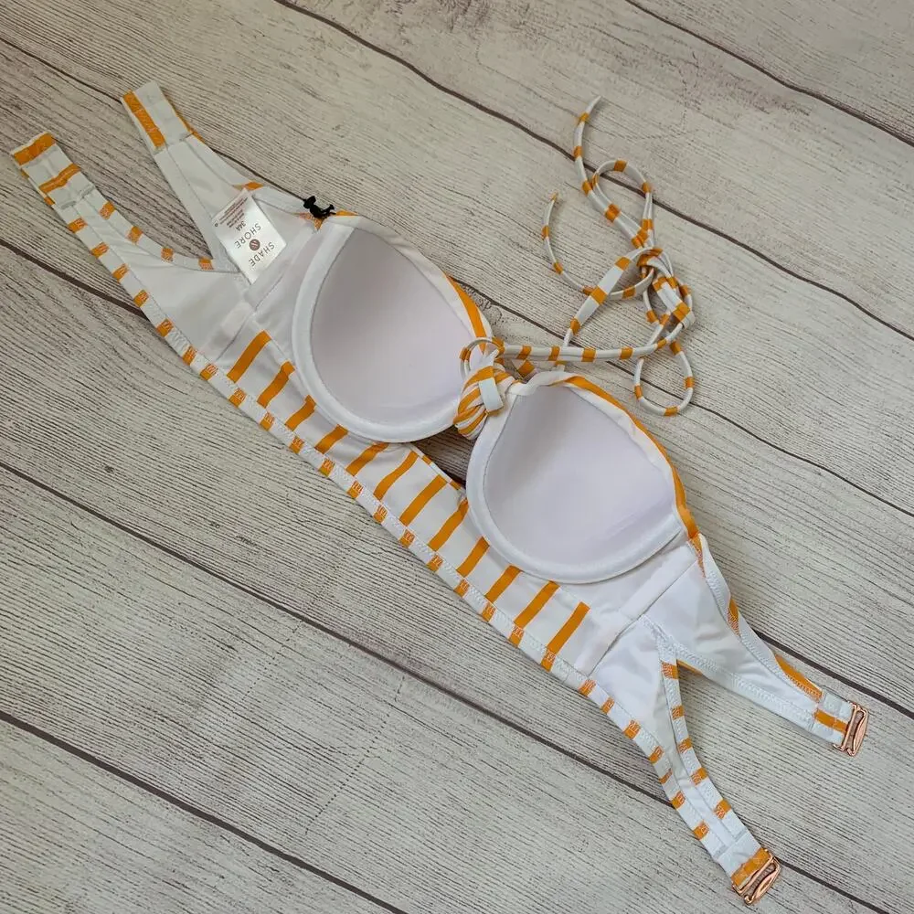 Shade & Shore Yellow and White Stripe Bikini Top Front Keyhole Halter Straps 34A